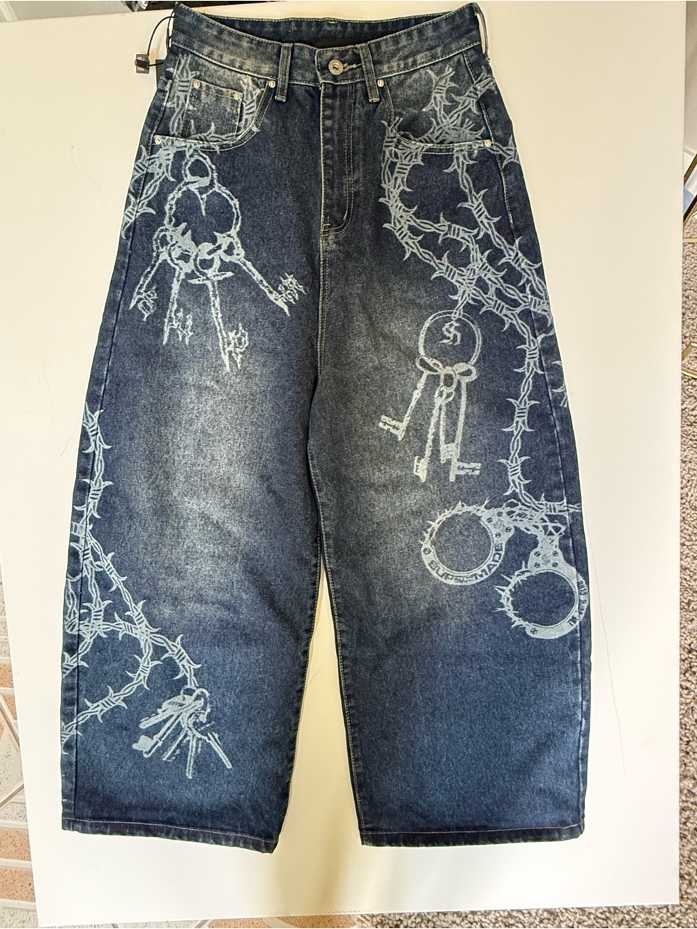 Super made wide barrel Dark Blue Graphic Key & Handcuff Denim Jeans
